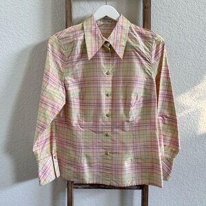 ESCADA Pastel Plaid silk button down sz: 10 NWOT